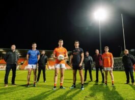 Pictured at the launch are from left: Padraic McKeever (McKeever Sports), Ethan Rafferty, Connor McCann (Simplyfruit), Rian O'Neill, Stefan Campbell, Patrick Og McCann (Simplyfruit), Fergus Clinton (ASEE), Shea Harvey and Sean McAlinden (County Secretary).