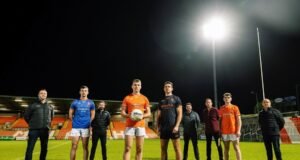 Armagh release new team kit Pictured at the launch are from left: Padraic McKeever (McKeever Sports), Ethan Rafferty, Connor McCann (Simplyfruit), Rian O'Neill, Stefan Campbell, Patrick Og McCann (Simplyfruit), Fergus Clinton (ASEE), Shea Harvey and Sean McAlinden (County Secretary).