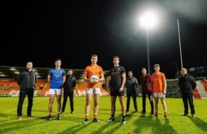 Armagh release new team kit Pictured at the launch are from left: Padraic McKeever (McKeever Sports), Ethan Rafferty, Connor McCann (Simplyfruit), Rian O'Neill, Stefan Campbell, Patrick Og McCann (Simplyfruit), Fergus Clinton (ASEE), Shea Harvey and Sean McAlinden (County Secretary).
