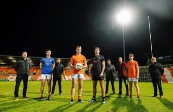 Armagh release new team kit Pictured at the launch are from left: Padraic McKeever (McKeever Sports), Ethan Rafferty, Connor McCann (Simplyfruit), Rian O'Neill, Stefan Campbell, Patrick Og McCann (Simplyfruit), Fergus Clinton (ASEE), Shea Harvey and Sean McAlinden (County Secretary).